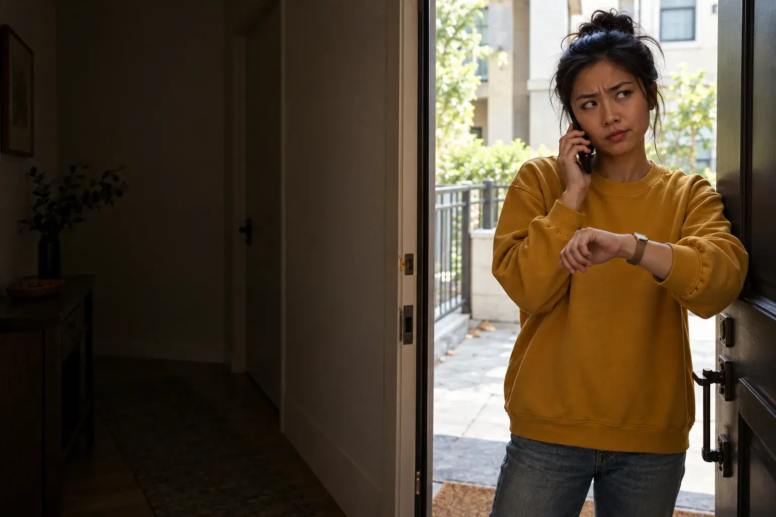 A customer on the phone at her door, waiting for a delivery