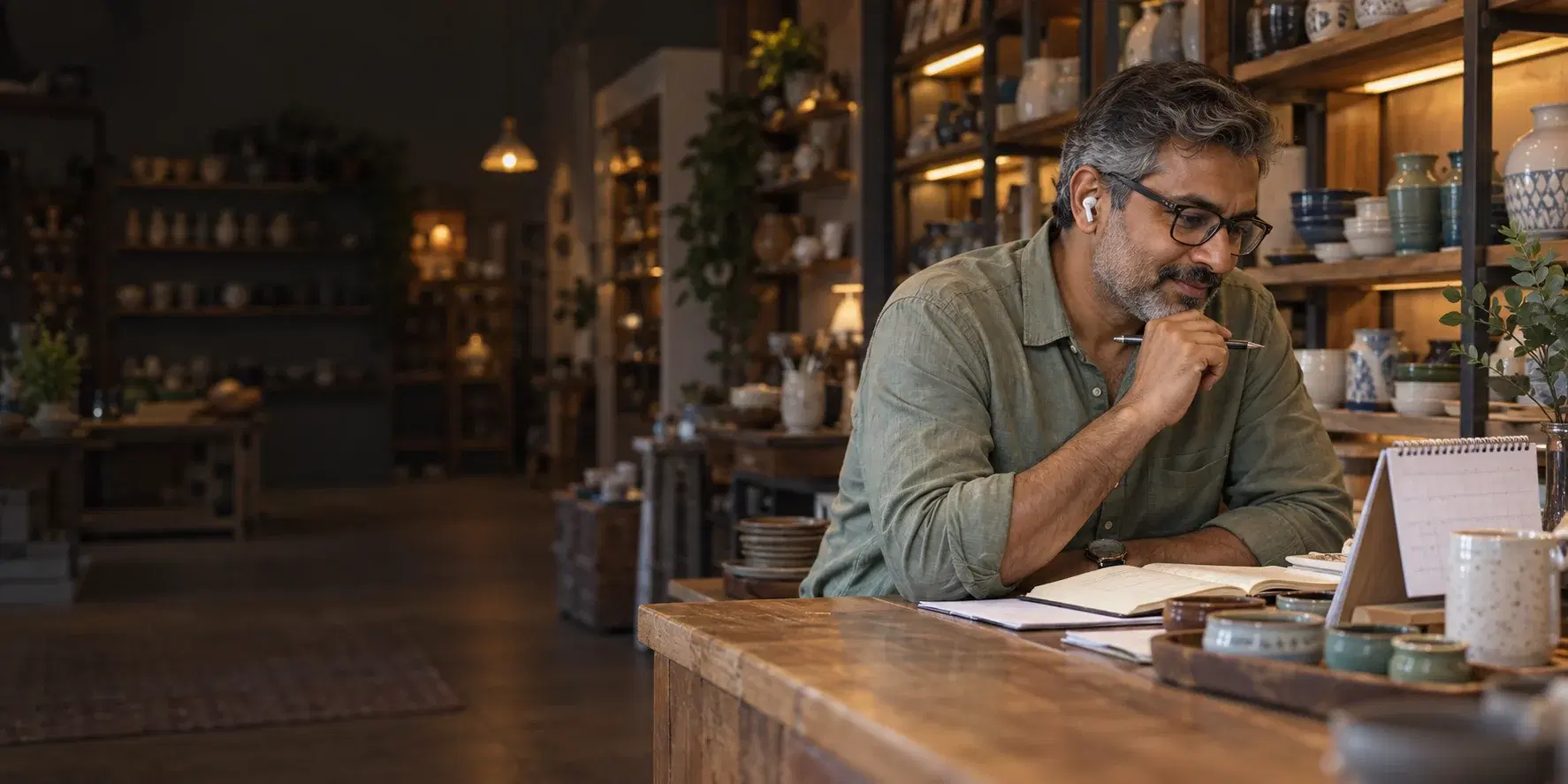 A small business owner reviewing papers at his counter