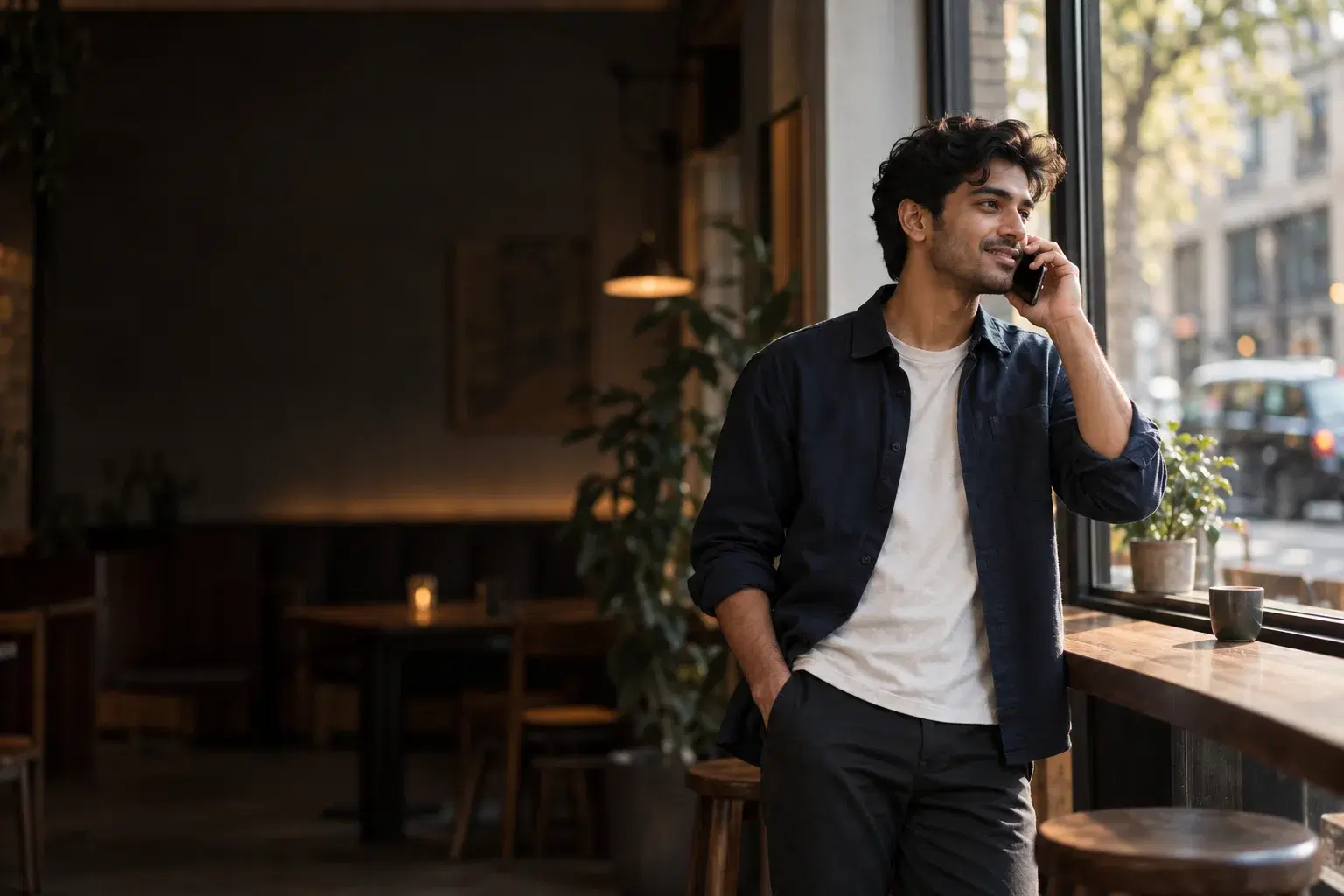 A customer smiling during a conversation on his phone